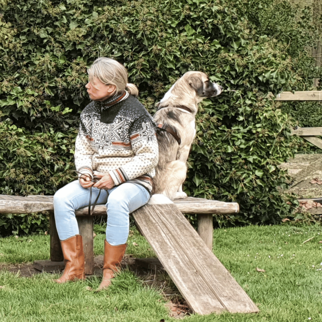Cursist zit met eigen hond ruggelings op bankje bij Ontdek de Spiegel van je eigen hond bij Hondenspiegel